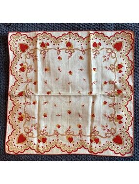 Vintage Valentine’s Handkerchief Heart & Bow Print Scalloped Edge ❤️ Red Gold